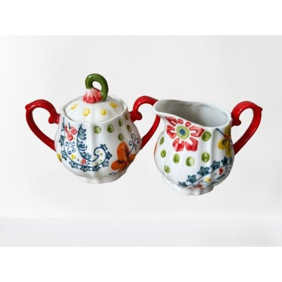 Pier 1 Imports Creamer Sugar Set Hand Painted White Red Floral - Picture 2 of 12